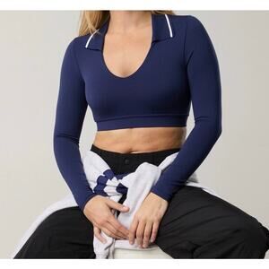 Offline By Aerie Real Me Long Sleeve Polo $49.95 NWT Large Navy Blue crop top